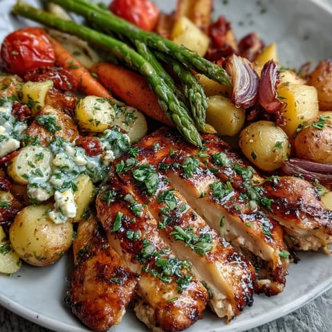 Easy one-pan chicken and vegetable dinner, bursting with color and wholesome nutrition.  