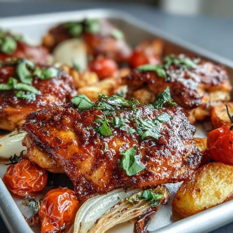Vibrant spring sheet pan dinner with juicy chicken, zucchini, and cherry tomatoes, roasted to perfection.  