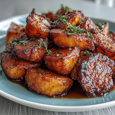 Soul Food Candied Yams with Brown Sugar Syrup in a baking dish, glistening with buttery syrup and warm spices.