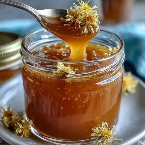 Dandelion jelly with fresh lemon and honey in a glass jar, glowing golden and floral, perfect for spreading on warm toast or scones.