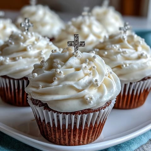 Elegant vanilla mini cupcakes topped with smooth buttercream and fondant rosary toppers for a First Communion celebration.