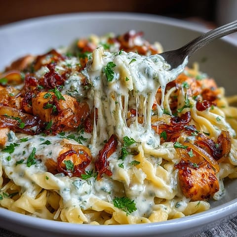 Savory one-pot French onion chicken pasta with caramelized onions and melted Gruyère, perfect for cozy dinners.