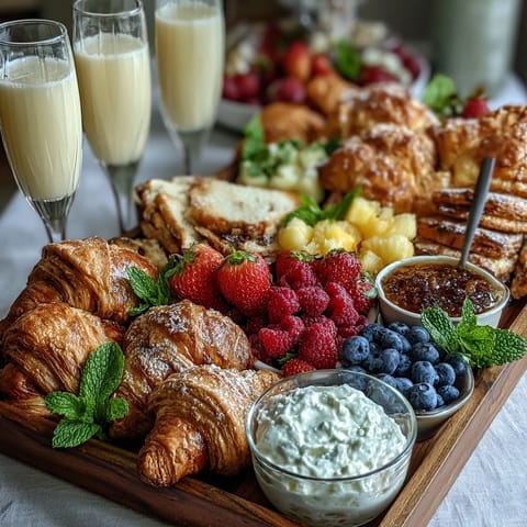 Mothers Day Brunch Board with Pastries, Fruit and Mimosas - a vibrant spread of flaky croissants, fresh berries, and sparkling mimosas for a festive celebration.