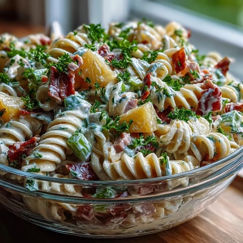 A colorful Hawaiian pasta salad with ham, pineapple, and creamy ranch dressing, perfect for summer picnics.