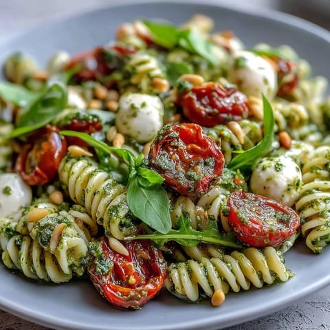 Fresh summer pasta salad with pesto, cherry tomatoes, and mozzarella, bursting with color and flavor for easy outdoor dining.