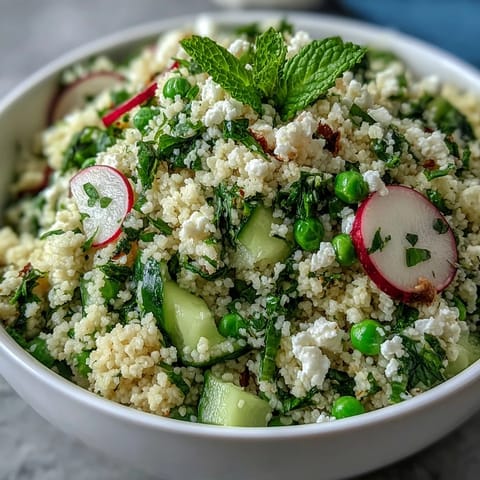 A vibrant bowl of spring pea and mint couscous salad with fresh herbs and crisp vegetables.