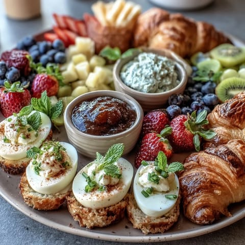 Easter brunch board with deviled eggs, fruit, and pastries arranged on a large platter for festive sharing.