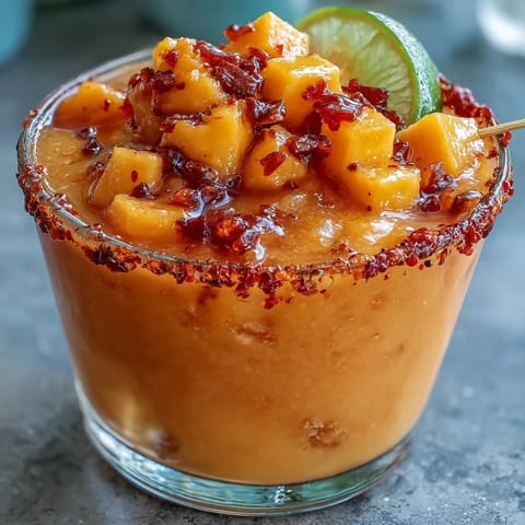 Vibrant Cinco de Mayo Mangonada mocktail cup bursting with frozen mango and tangy chamoy.