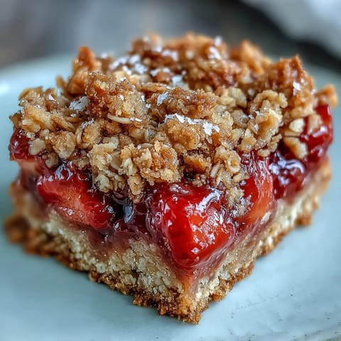 Golden brown Strawberry Rhubarb Crumble Bars oozing with sweet, tart fruit filling.