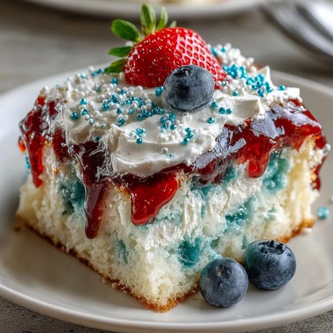 Festive red, white, and blue poke cake slices ready for holiday snacking.