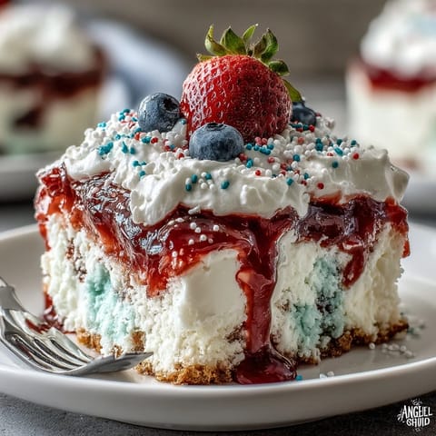 Colorful Memorial Day Red White Blue Poke Cake, topped with whipped cream.