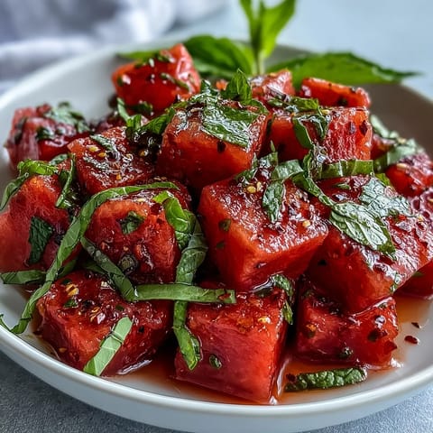 Fricy Watermelon Chili Lime Salad with Mint, vibrant and bursting with cool, sweet, and spicy flavors.
