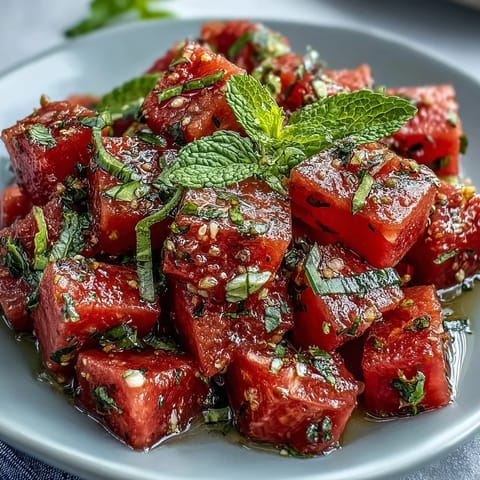 Refreshingly bright Fricy Watermelon Chili Lime Salad topped with fresh mint, perfect for summer.