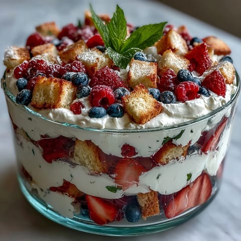 Luscious Red White Blue Berry Trifle, layered with cake, cream, and fresh berries.