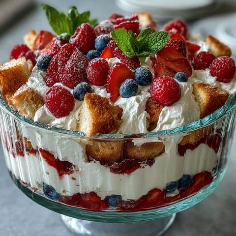 Red White Blue Berry Trifle with angel food cake, a vibrant patriotic dessert.