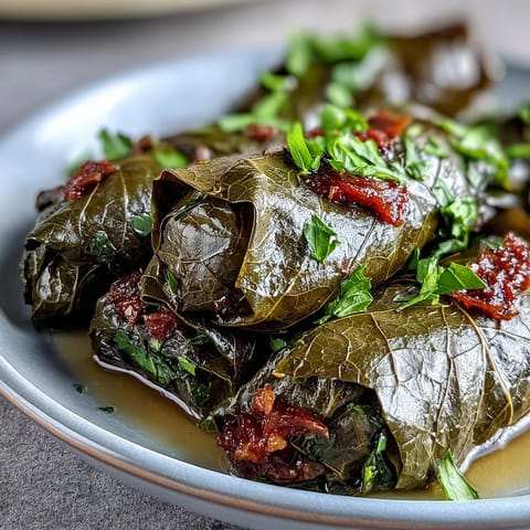 Tender Kurdish Dolma: stuffed grape leaves with fragrant herbed rice, ready to serve.