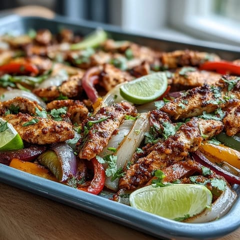 Sheet pan chicken fajitas with colorful bell peppers, ready for sizzling tortillas.
