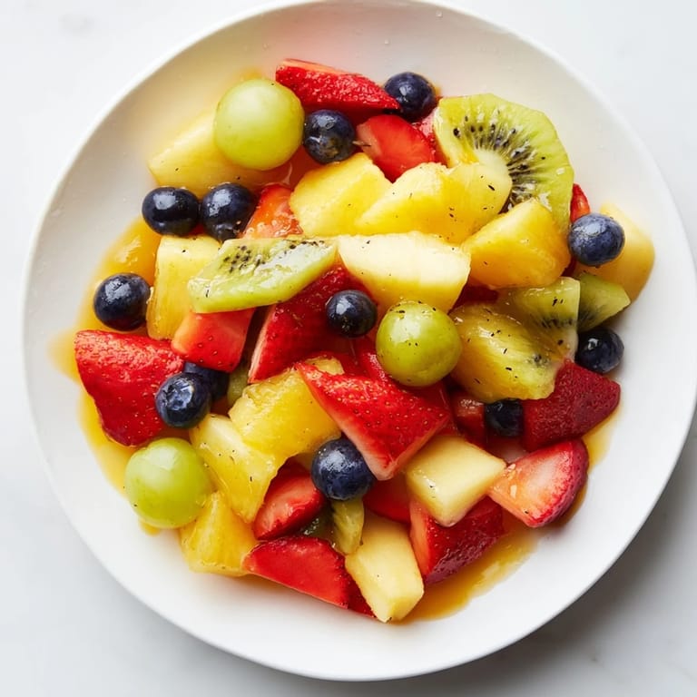This colorful fruit salad features juicy pineapple and blueberries, perfect for a light, healthy dessert.
