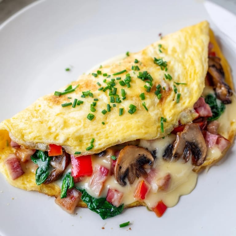 This freshly-made omelet with cheese is filled with melted Gruyère, a delicious savory treat.