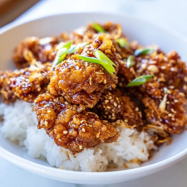 This plate of General Tso's Chicken features tender chicken, spring onions, and toasted sesame seeds.