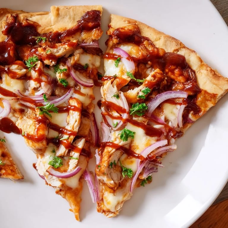Golden-crusted Chicken BBQ Pizza topped with vibrant red onions, ready to eat and enjoy.