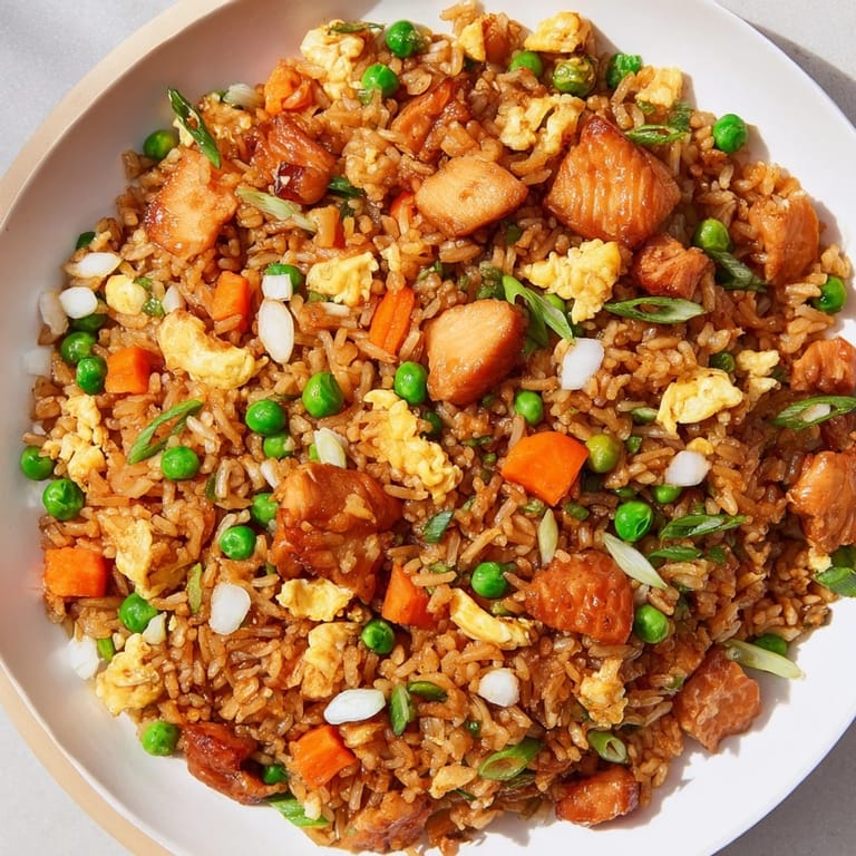 Scrumptious Chicken Fried Rice with fluffy rice, tender chicken, and vibrant green spring onions.