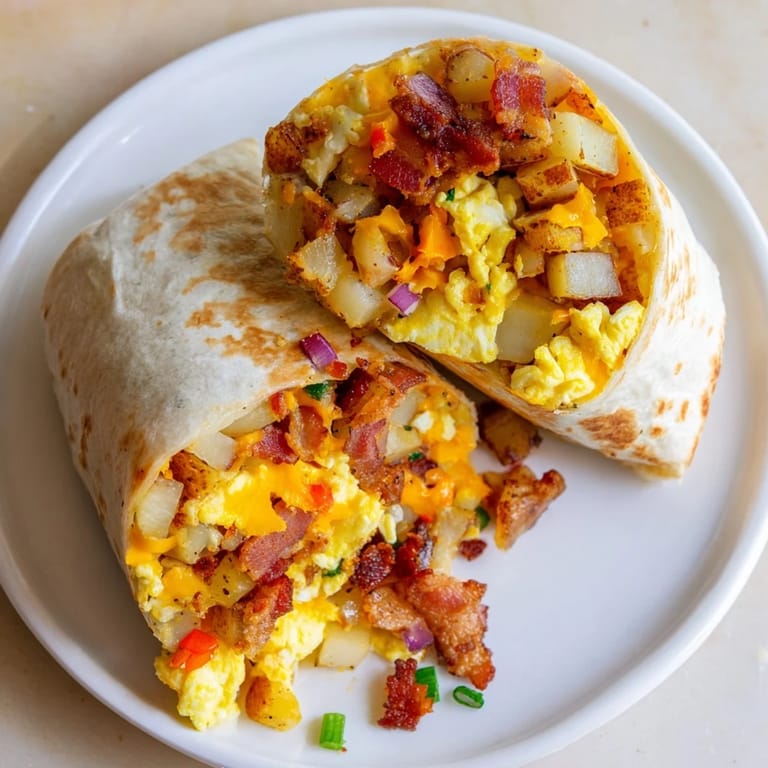 Steaming breakfast burrito, freshly rolled and overflowing with fluffy scrambled eggs, perfect for breakfast.