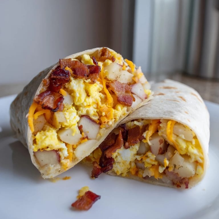 Deliciously warm breakfast burrito, filled with crispy potatoes and cheese, ready for a satisfying brunch meal.