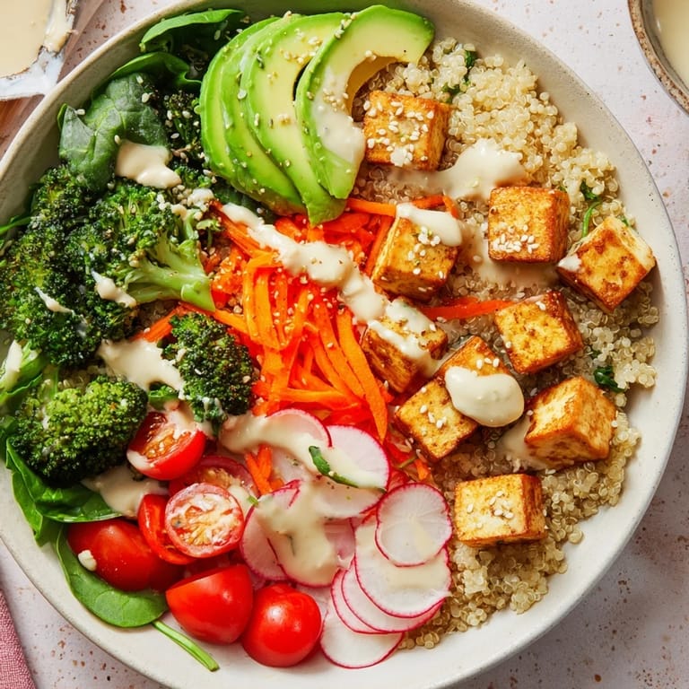 Warm Buddha Bowl featuring fluffy grains, fresh vegetables, and savory tofu, ready to be enjoyed.