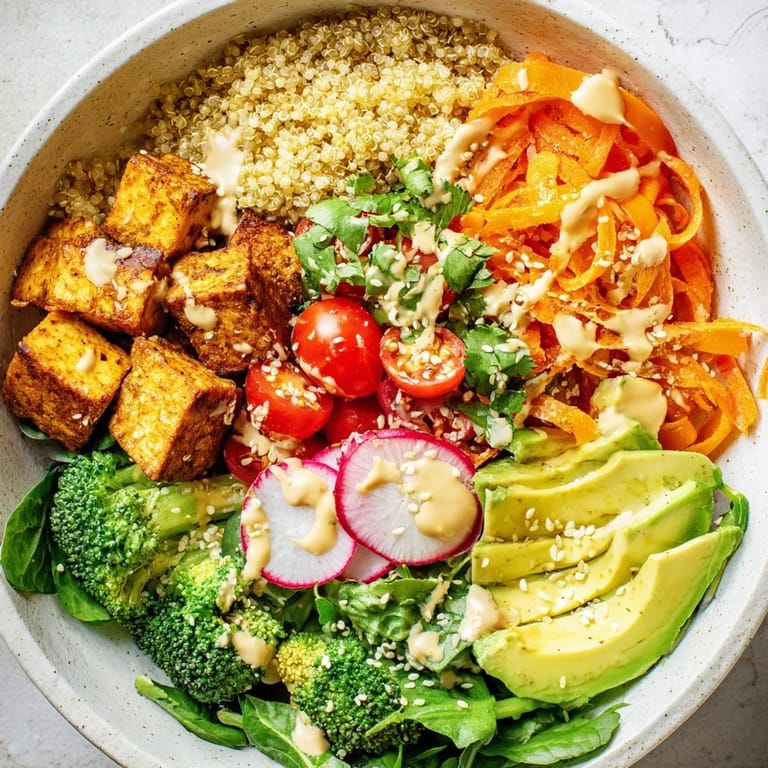 Imagine this delightful Buddha Bowl: a healthy meal with vibrant veggies and protein on every layer.