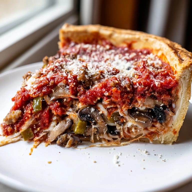 A homemade deep dish pizza boasts a thick, golden crust with rich tomato sauce.