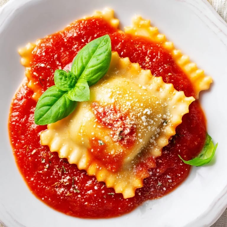 Steaming plate of Spinach Ricotta Ravioli in marinara, garnished with fresh basil and cheese.