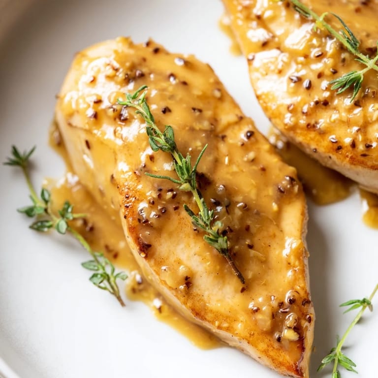 Gluten-free Honey Dijon Chicken Skillet recipe features tender, herb-studded chicken in a glossy tangy sauce, ready to serve from the skillet.