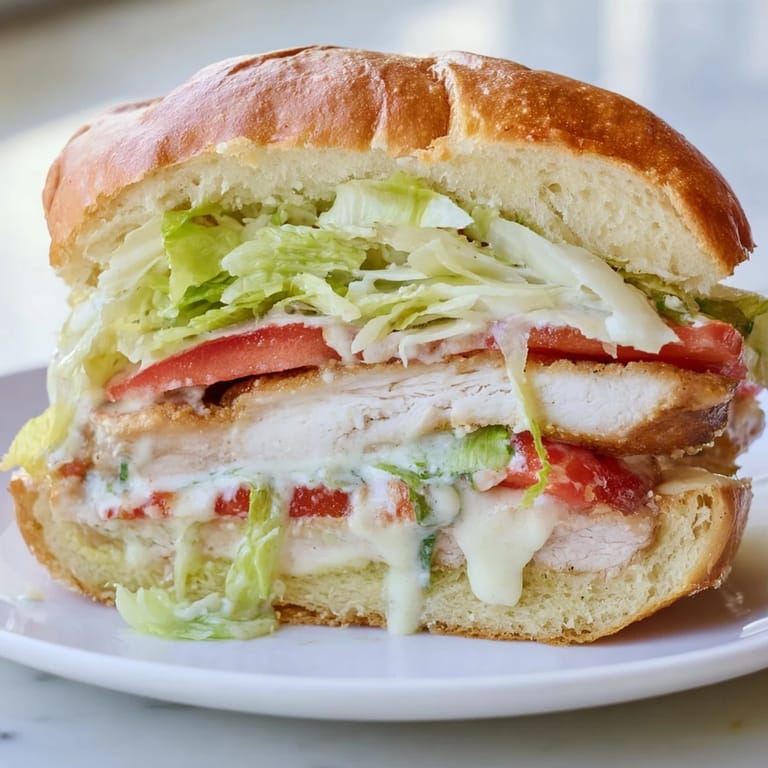 A hearty Caesar Chicken Sandwich features juicy chicken cutlets, fresh greens, and melted Parmesan cheese on a grill-marked bun.
