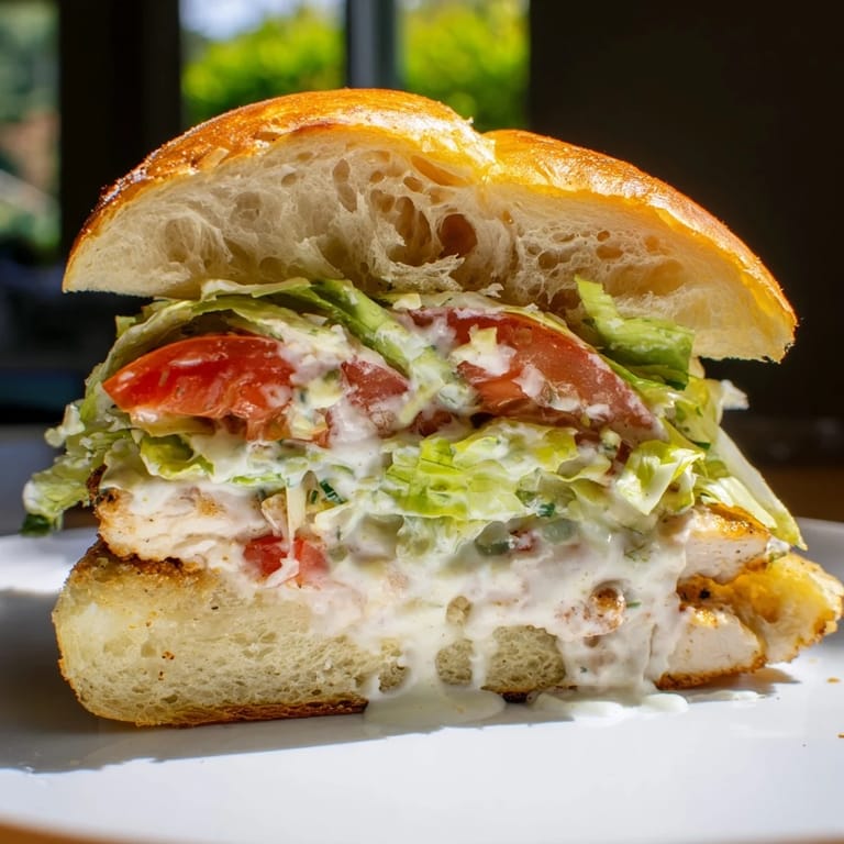 A freshly prepared Caesar Chicken Sandwich with tender grilled chicken, chopped romaine, and a generous spread of Caesar dressing.