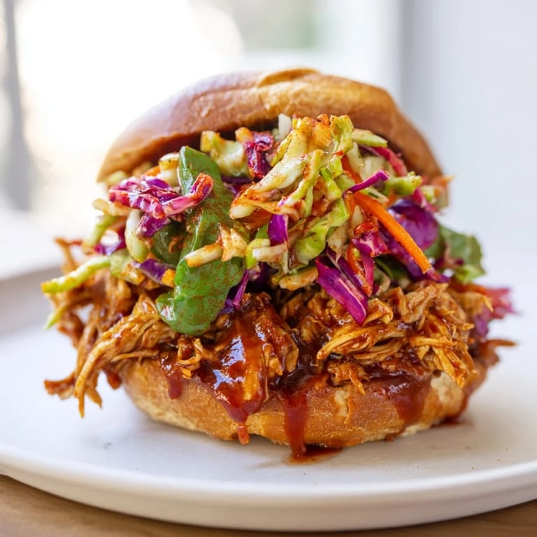 Homemade pulled barbecue chicken sandwich with crunchy coleslaw served on a soft brioche bun.