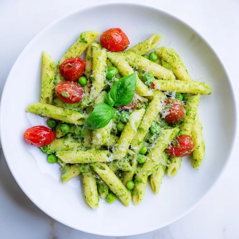 A fresh serving of Green Pesto Pasta Salad on a wooden picnic table, garnished with basil and a sprinkle of Parmesan.