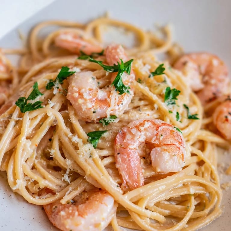 Hearty Creamy Garlic Shrimp Pasta in a skillet with golden shrimp, melted Parmesan, and a drizzle of olive oil.