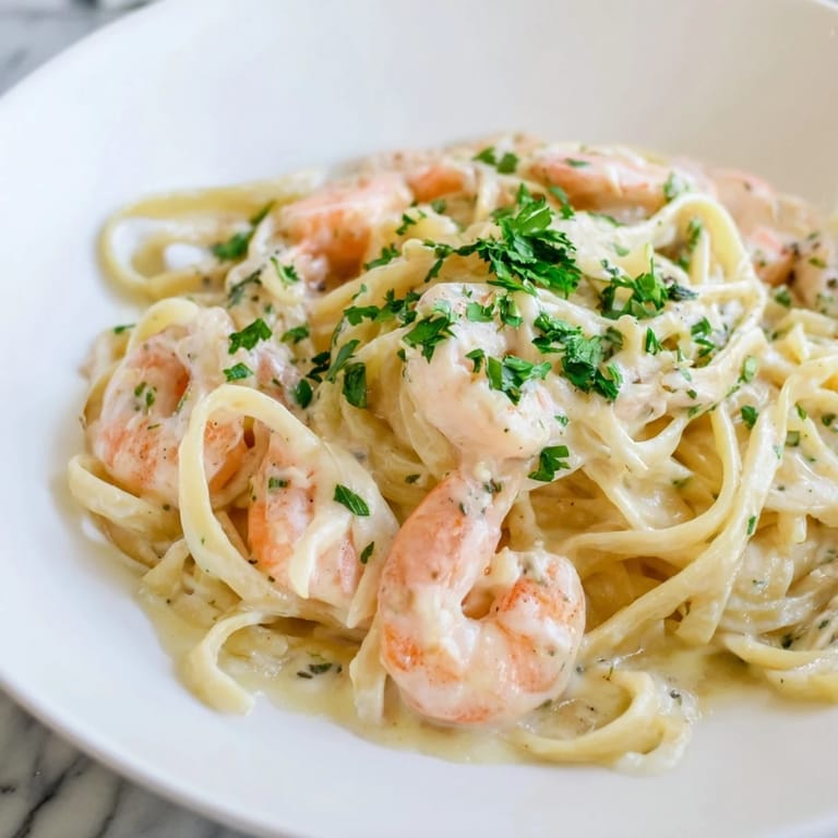 Comforting Creamy Garlic Shrimp Pasta served on a white plate with lemon wedges, ready for a quick weeknight dinner.