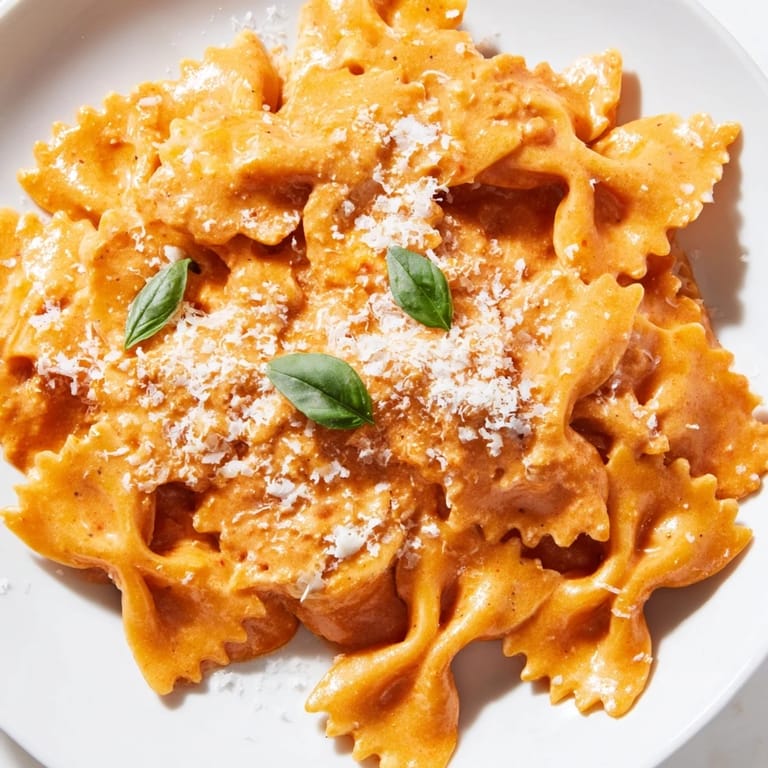 Steaming bowl of homemade Tomato Basil Bowtie Pasta, ready to serve as an easy vegetarian weeknight dinner, garnished with extra cheese.