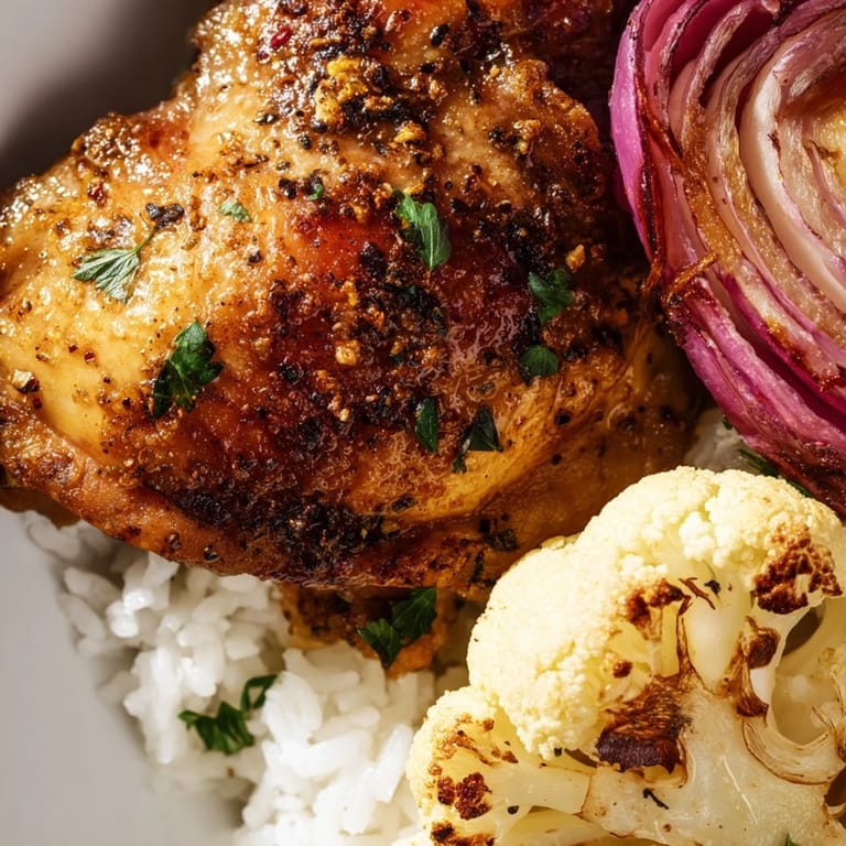 Succulent roasted cauliflower chicken sheet pan dinner with smoky paprika spices, fresh herbs, and lemon, ready to serve for a weeknight family meal.