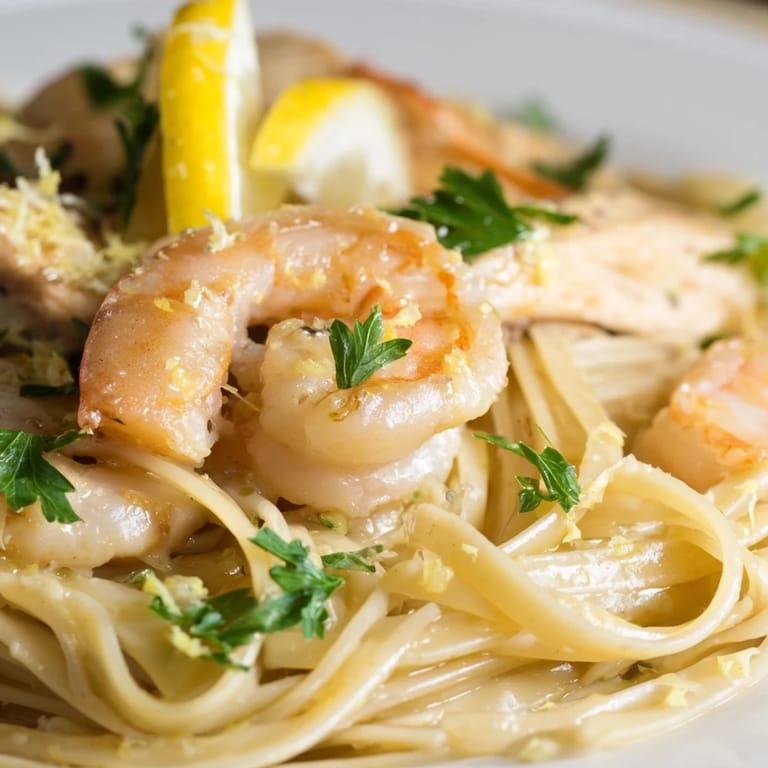 A skillet of sizzling Lemon Garlic Shrimp & Chicken Pasta features juicy shrimp, golden chicken, and bright lemon wedges for squeezing.
