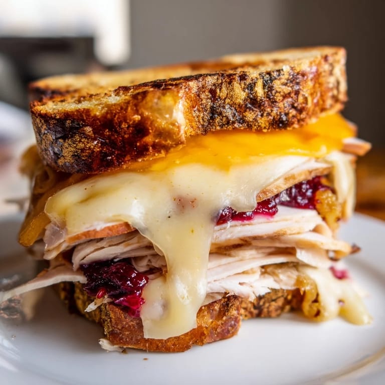 Rustic smoked turkey grilled cheese sandwich cut diagonally, showcasing layers of juicy turkey, melted cheese, and golden crispy bread crusts.
