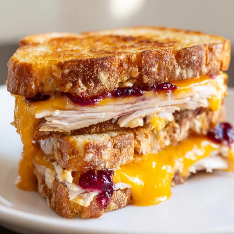Two warm smoked turkey grilled cheese halves revealing gooey sharp cheddar and cranberry sauce, served with mixed greens for balance.