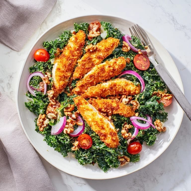 The Crispy Chicken Kale Salad showcases juicy, crunchy chicken on vibrant kale, complete with toasted pecans and a sweet-tangy maple dressing.
