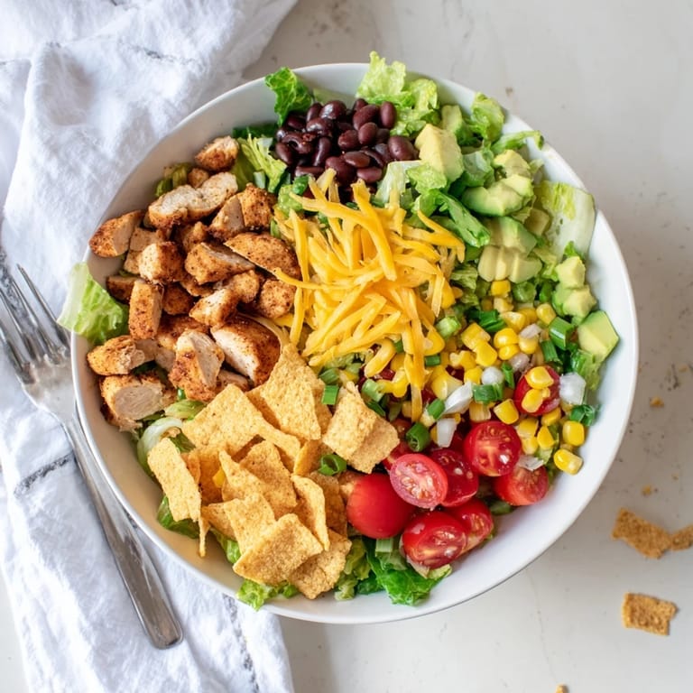 Freshly tossed Crunchy Taco Chicken Salad with tender slices of seasoned chicken, creamy avocado, shredded cheese, and a colorful mix of beans and corn, ready to serve.