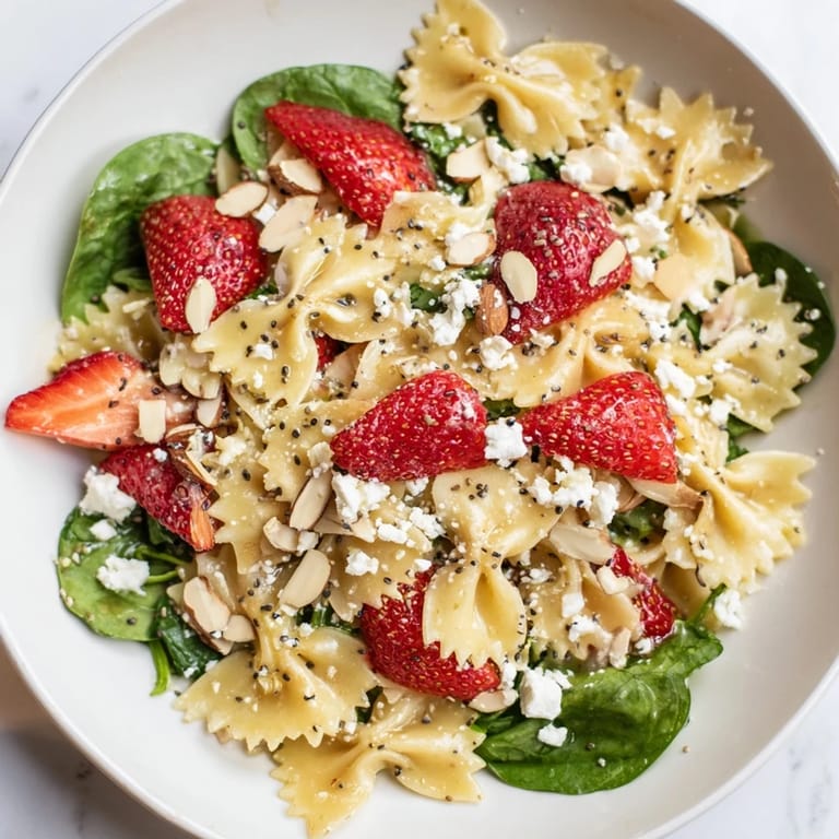 A close-up of Spring Spinach Strawberry Pasta Salad drizzled with poppy seed dressing, showcasing juicy strawberries and tender pasta on a wooden table.