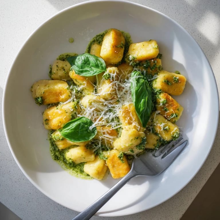 Golden pan-crisped gnocchi coated in rich basil cream sauce, tossed with juicy chicken pieces for an easy weeknight Italian dinner.  
