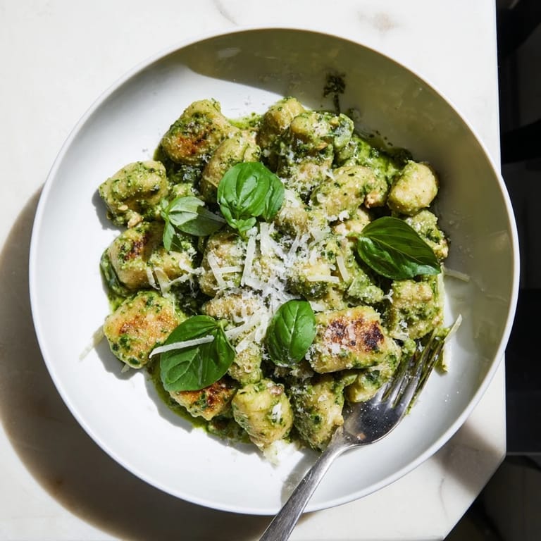 A rustic skillet of pesto cream gnocchi and tender chicken bites, served warm with extra Parmesan and basil leaves.