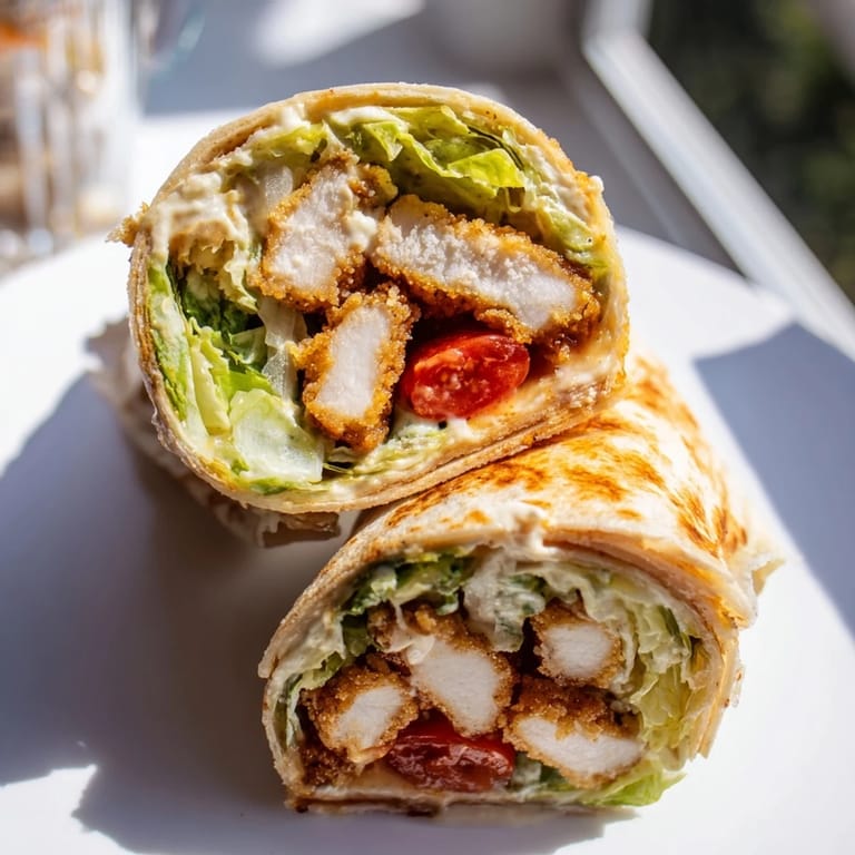 A close-up of a halved Hot Honey Chicken Caesar Wrap revealing juicy chicken, crunchy croutons, and melted Parmesan on a wooden cutting board.